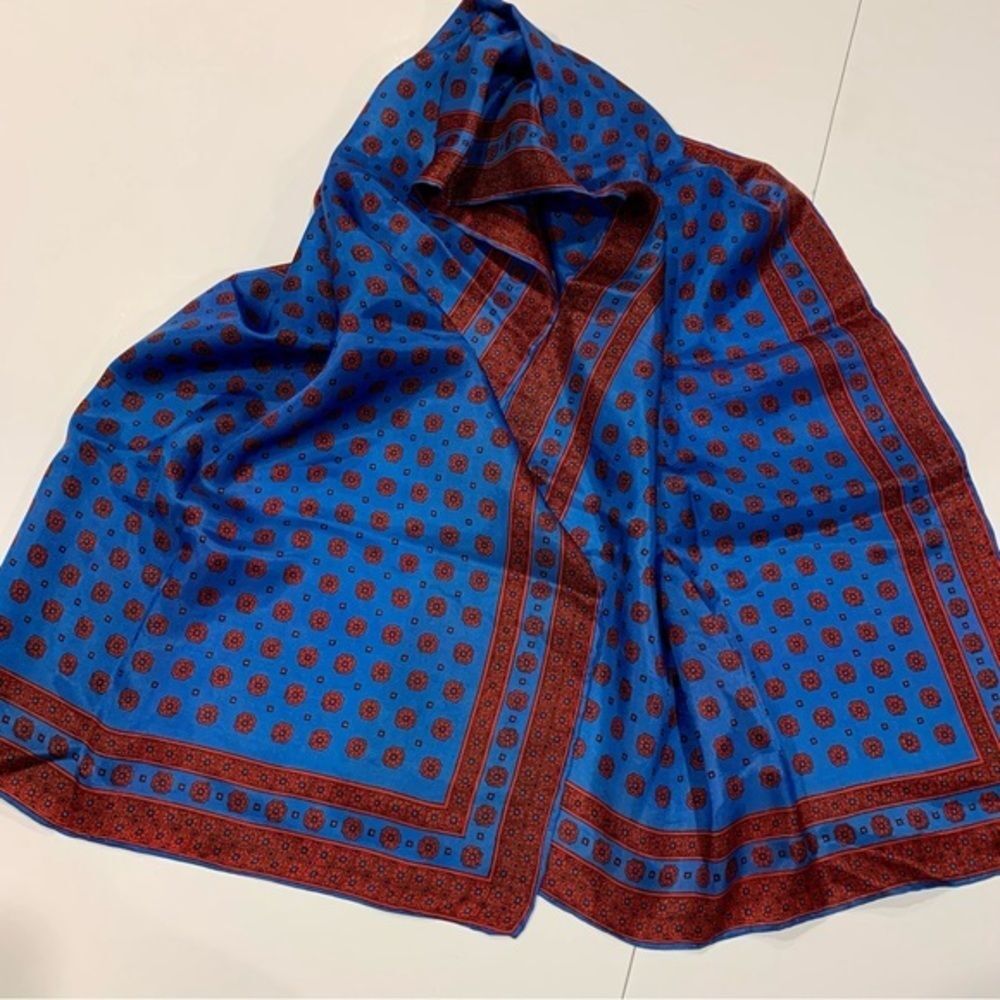 Vintage Sally Gee Silky Blue & Rust Scarf - Picture 2 of 6